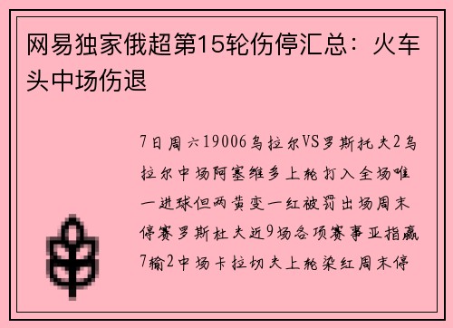 网易独家俄超第15轮伤停汇总：火车头中场伤退